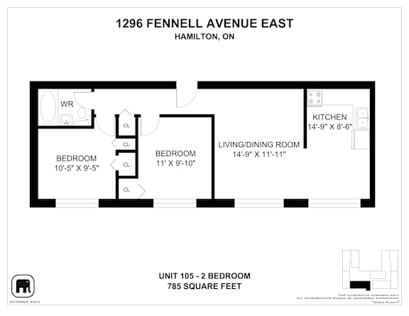 A floor plan for a 2 bedroom apartment at 1296 Fennell Avenue East, Hamilton, ON.