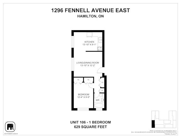 A floor plan for a 629 square foot apartment at 1296 Fennell Avenue East in Hamilton, Ontario.