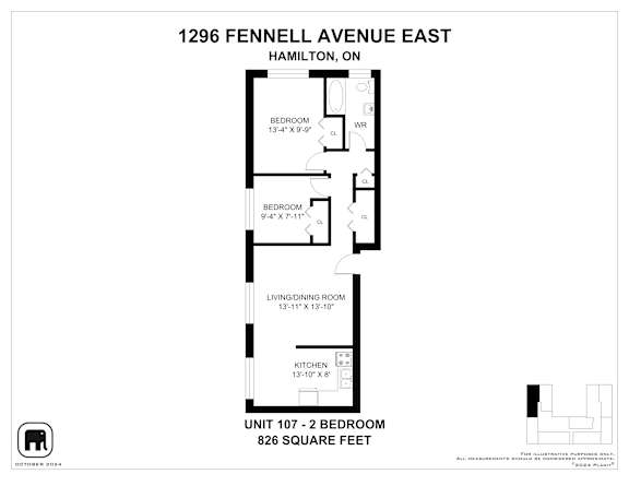 A floor plan for a 2 bedroom apartment at 1296 Fennell Avenue East, Hamilton, ON.