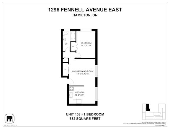 A floor plan for a 1 bedroom apartment at 1296 Fennell Avenue East, Hamilton, Ontario.