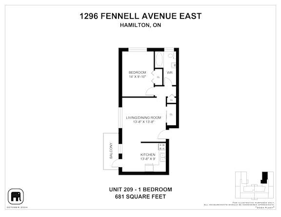 A floor plan for a unit at 1296 Fennell Avenue East in Hamilton, Ontario.