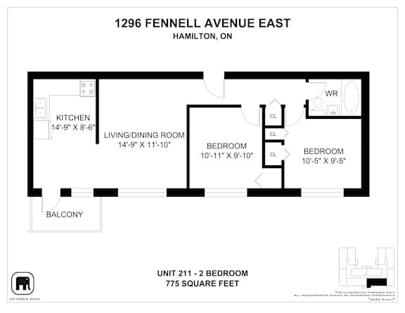 A floor plan for a 2 bedroom apartment at 1296 Fennell Avenue East, Hamilton, ON.