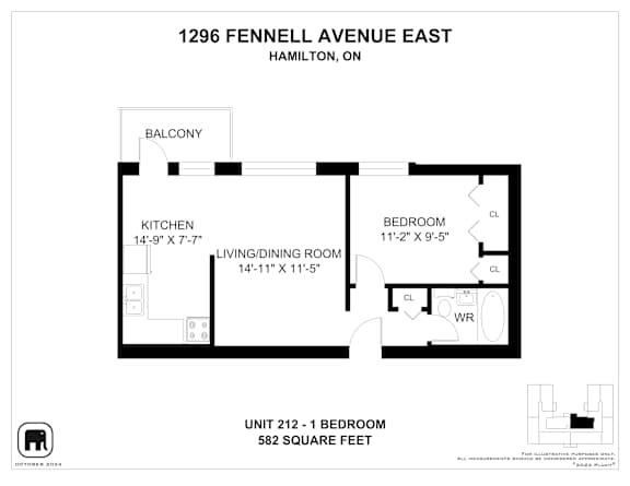 A floor plan for a 582 square feet apartment at 1296 Fennell Avenue East in Hamilton, Ontario.