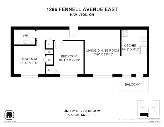 A floor plan for a 2 bedroom apartment at 1296 Fennell Avenue East, Hamilton, ON.