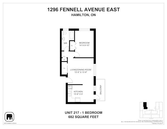 A floor plan for an apartment at 1296 Fennell Avenue East in Hamilton, Ontario.