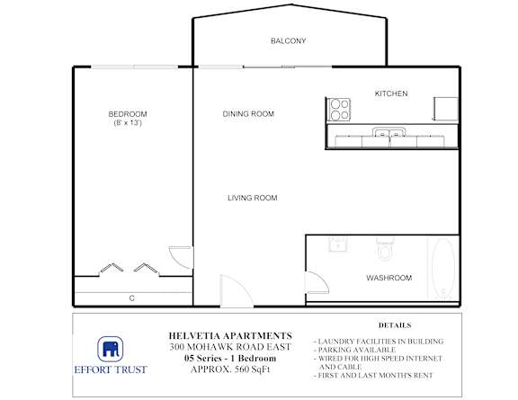 A floor plan for a 05 series apartment in the Helvetia Apartments.