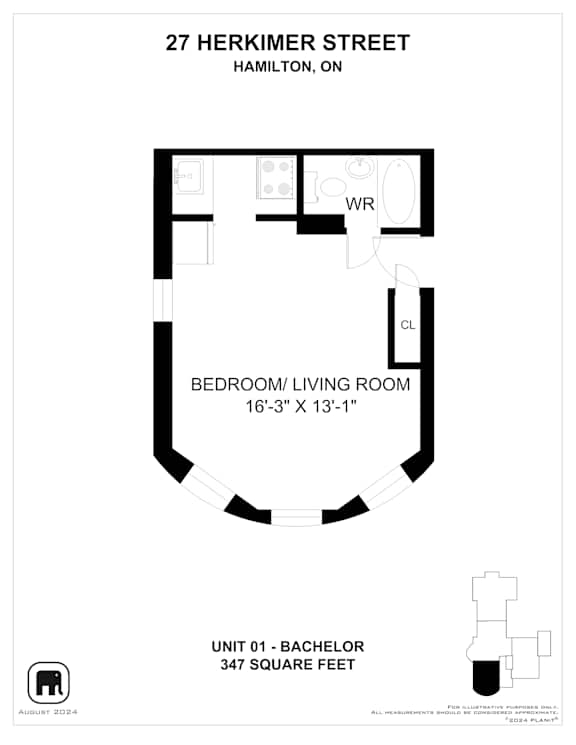 A floor plan for a Bachelor unit at 27 Herkimer Street in Hamilton, Ontario.