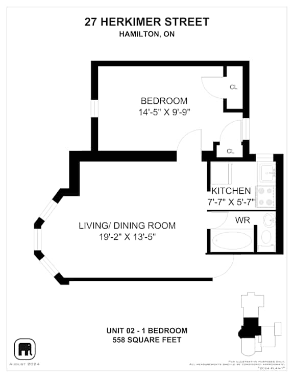 A floor plan for a unit at 27 Herkimer Street in Hamilton, Ontario.
