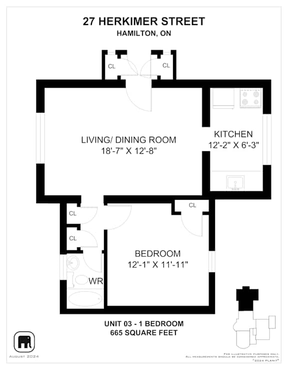 A floor plan for a 665 square foot apartment at 27 Herkimer Street, Hamilton, ON.