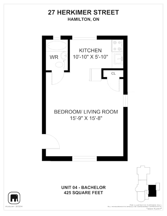 A floor plan for a 425 square foot unit at 27 Herkimer Street in Hamilton, Ontario.