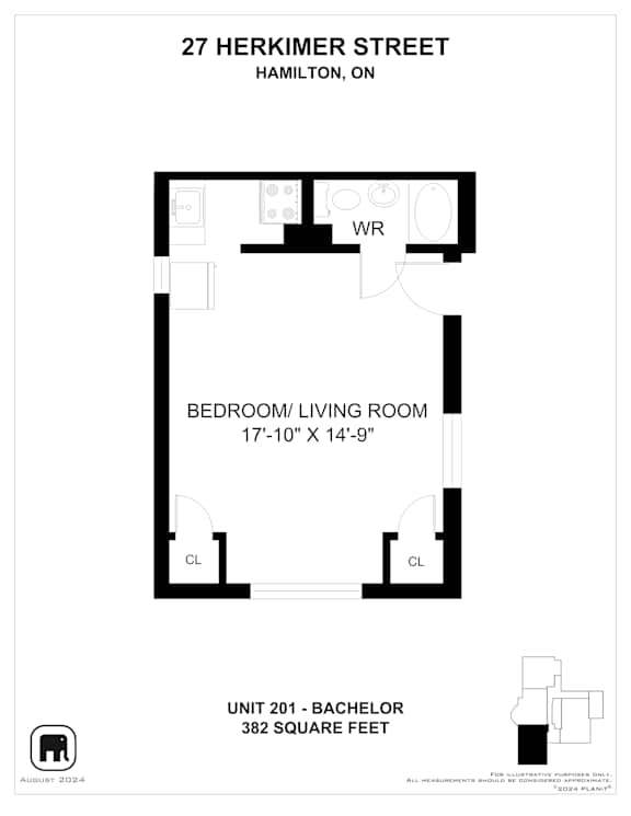 A floor plan for a 382 square foot unit at 27 Herkimer Street in Hamilton, Ontario.