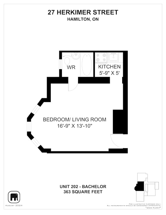 A black and white floor plan for a 363 square foot unit at 27 Herkimer Street in Hamilton, Ontario.