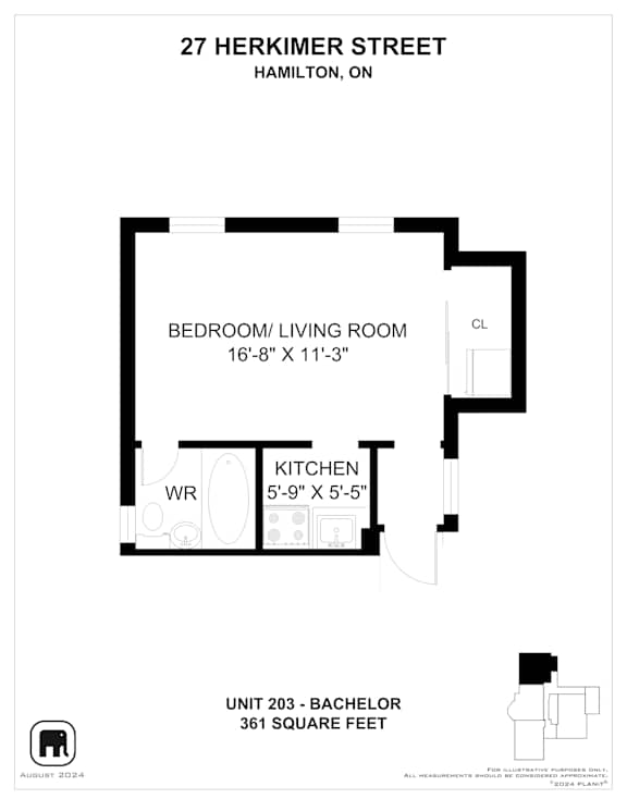 A floor plan for a Bachelor unit at 27 Herkimer Street in Hamilton, Ontario.