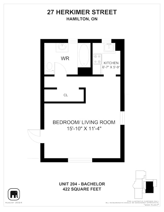 A floor plan for a 422 square foot unit at 27 Herkimer Street in Hamilton, Ontario.