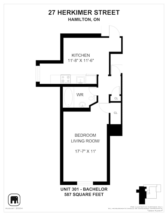 A floor plan for a 587 square foot unit at 27 Herkimer Street in Hamilton, Ontario.