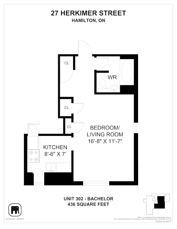 A floor plan for a 436 square foot unit at 27 Herkimer Street in Hamilton, Ontario.