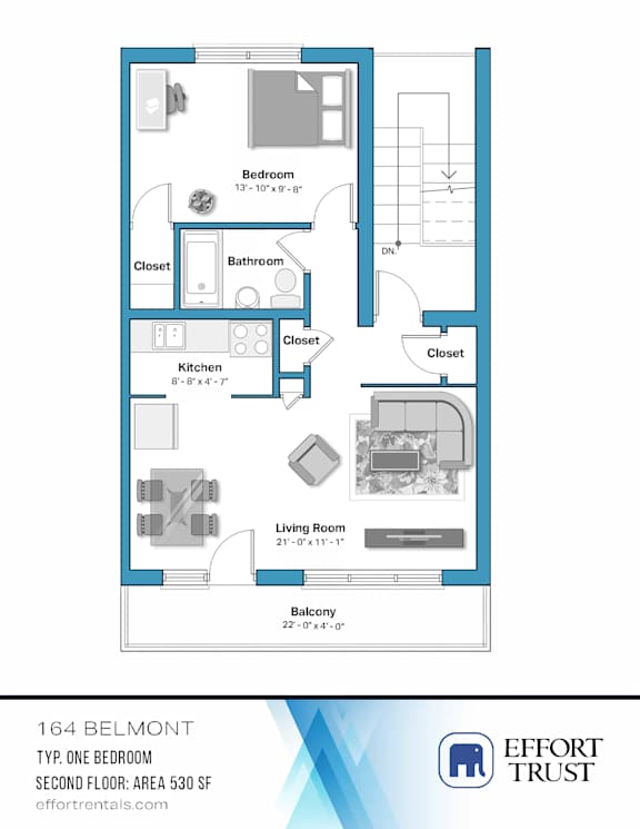 A floor plan for a 164 Belmont apartment, featuring one bedroom, two bathrooms, and a living room.