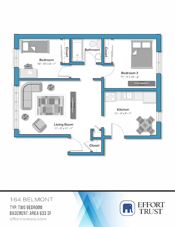 A floor plan of a 164 Belmont apartment with two bedrooms and a living room.