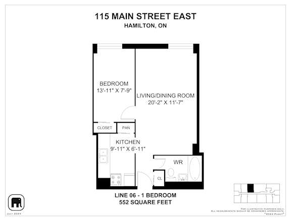 A floor plan for a 552 square feet apartment at 115 Main Street East in Hamilton, ON.