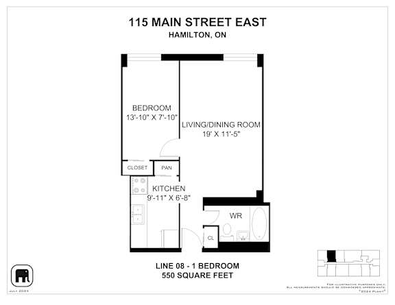A floor plan for a 1 bedroom apartment at 115 Main Street East in Hamilton, Ontario.