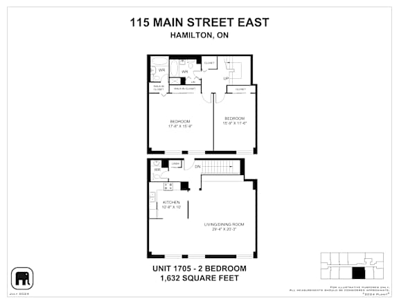 A floor plan for a two bedroom apartment at 115 Main Street East, Hamilton, ON.