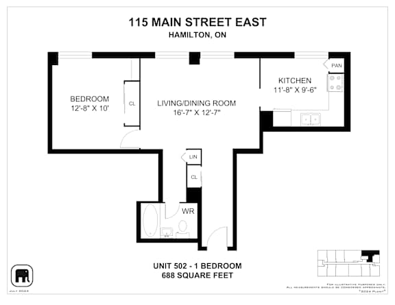 A floor plan for a unit at 115 Main Street East in Hamilton, Ontario, showing a bedroom, living/dining room, kitchen, and laundry room.
