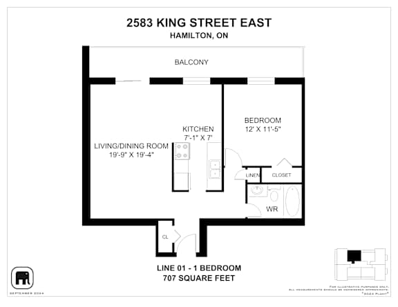 A black and white image of a floor plan for a 707 square foot apartment.