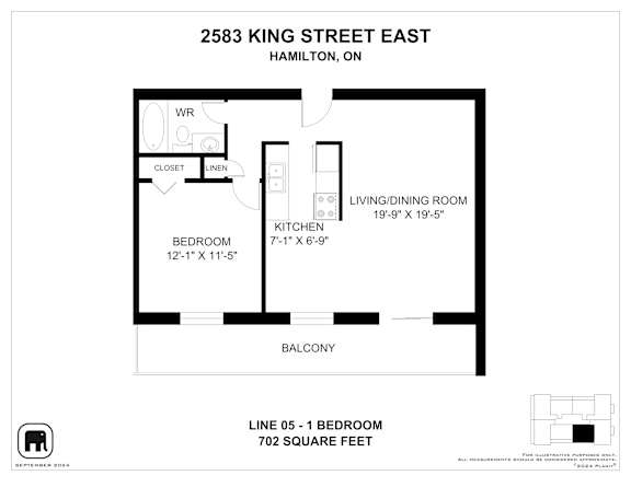 A floor plan for a 1 bedroom apartment at 2583 King Street East, Hamilton, ON.