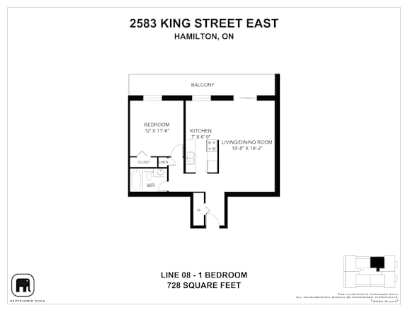 A floor plan for a one bedroom apartment at 2583 King Street East in Hamilton, Ontario.