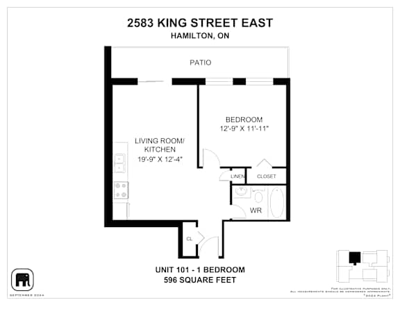 A floor plan for a 596 square foot unit at 2583 King Street East in Hamilton, Ontario.