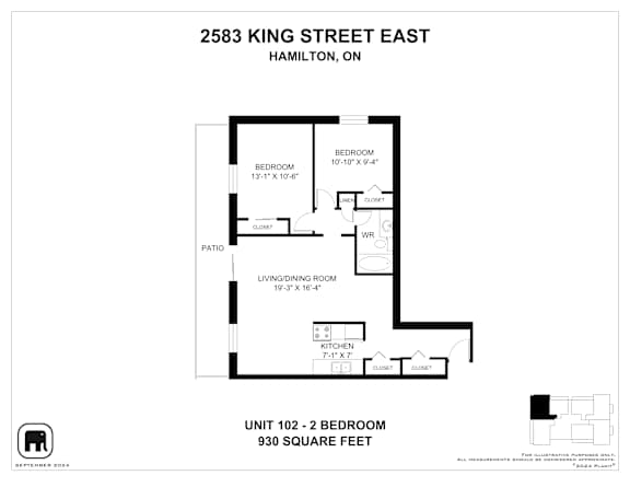 A black and white image of a floor plan for a 930 square feet unit.