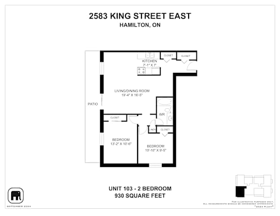 A floor plan for a 2 bedroom apartment at 2583 King Street East, Hamilton, Ontario.