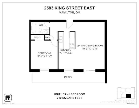 A floor plan for a 710 square feet apartment at 2583 King Street East.