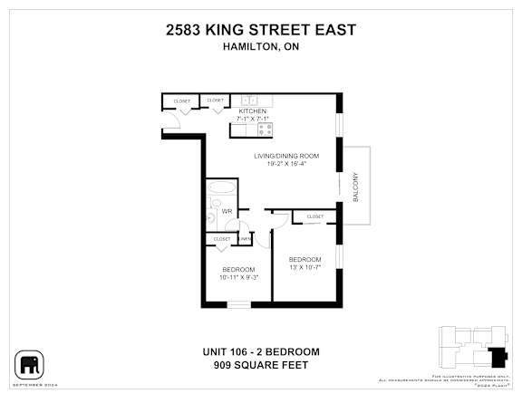 A floor plan for a unit at 2583 King Street East in Hamilton, Ontario.
