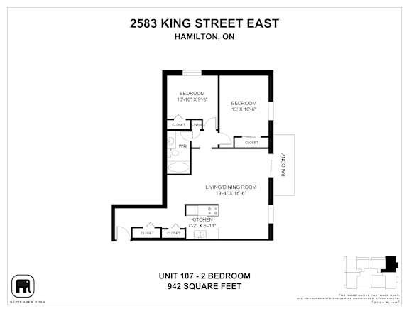 A floor plan for a 2 bedroom apartment at 2583 King Street East, Hamilton, ON.