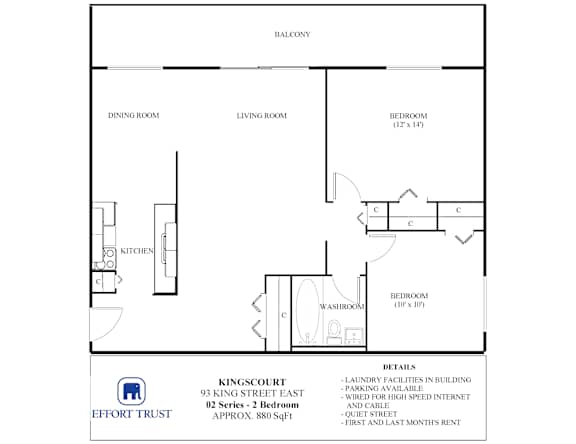 A floor plan for a 02 series apartment at Kingscourt on King Street East.