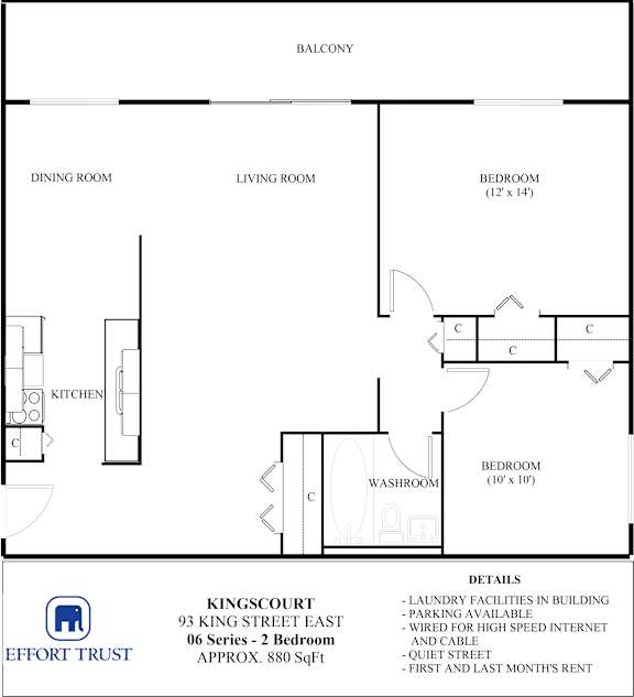 A floor plan for a 2 bedroom apartment at Kingscourt 93 King Street East.