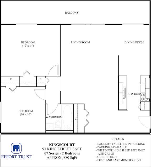 A floor plan for a 2 bedroom apartment at Kingscourt on King Street East.