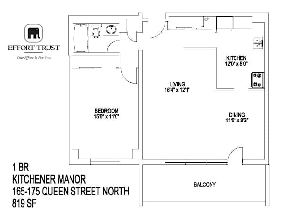 A floor plan for a 1 bedroom, 1 bathroom manor is shown.