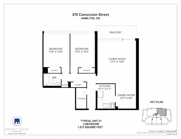 A floor plan for a 2 bedroom apartment at 370 Concession Street, Hamilton, ON.