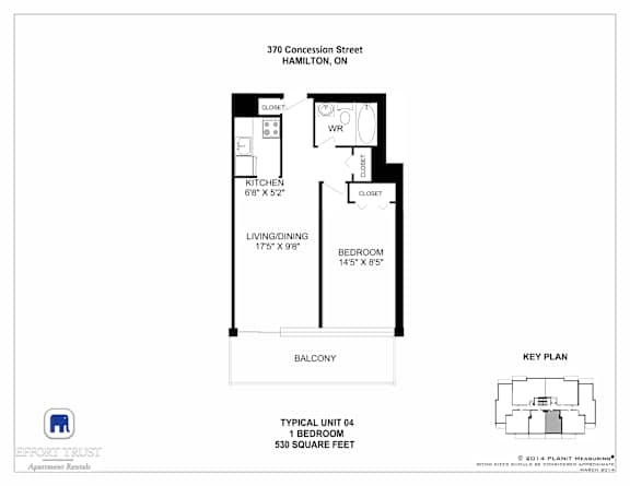 A floor plan for a 1 bedroom apartment at 370 Concession Street, Hamilton, ON.