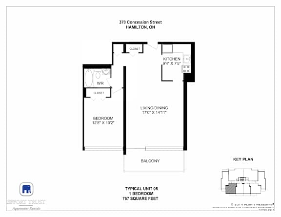 A floor plan for a 1 bedroom apartment at 370 Concession Street, Hamilton, ON.
