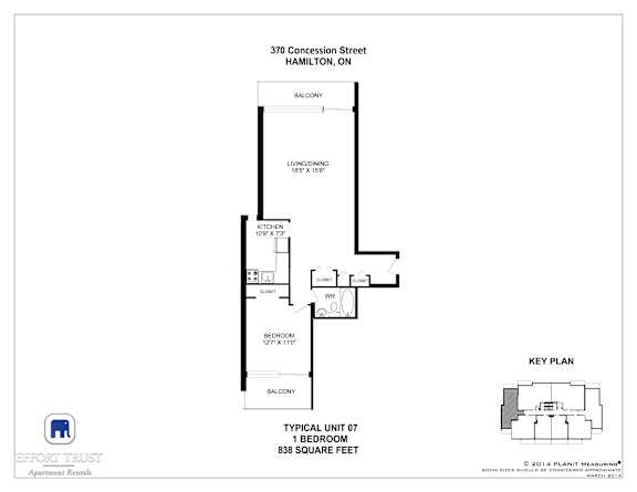 A floor plan for a 1 bedroom apartment at 370 Concession Street, Hamilton, ON.