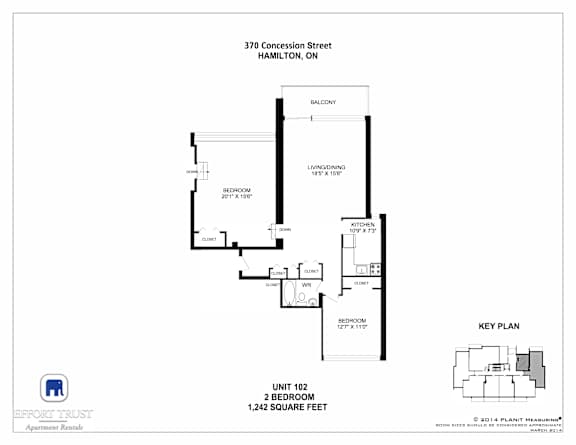 A floor plan for a 2 bedroom apartment at 370 Concession Street, Hamilton, ON.