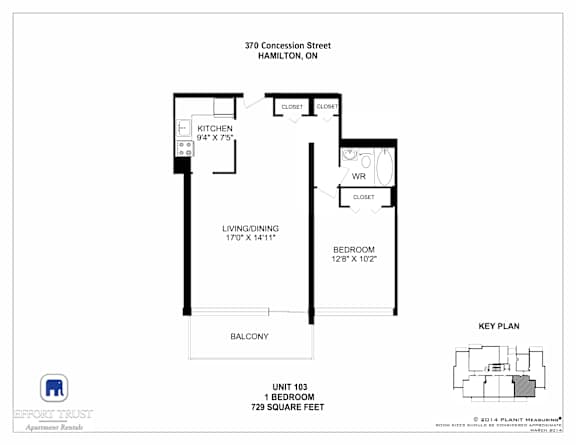 A floor plan for a 1 bedroom apartment at 370 Concession Street, Hamilton, ON.