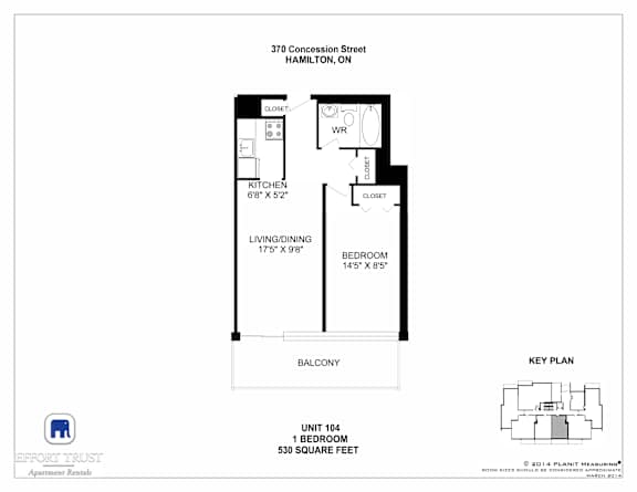 A floor plan for a 1 bedroom apartment at 370 Concession Street, Hamilton, Ontario.