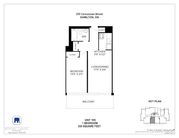 A floor plan for a 1 bedroom apartment at 370 Concession Street, Hamilton, ON.
