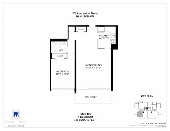 A floor plan for a one bedroom apartment at 370 Concession Street, Hamilton, ON.
