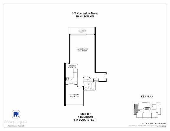 A floor plan for a 1 bedroom apartment at 370 Concession Street, Hamilton, ON.