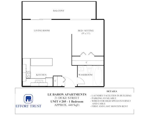 A floor plan for a 1 bedroom apartment at Le Baron.
